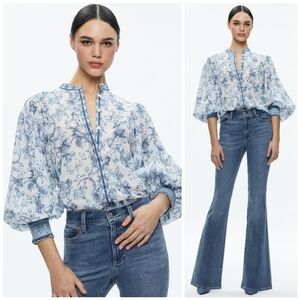 Alice + Olivia April Pleated Blouson Button Up Floral Blue White Top, L